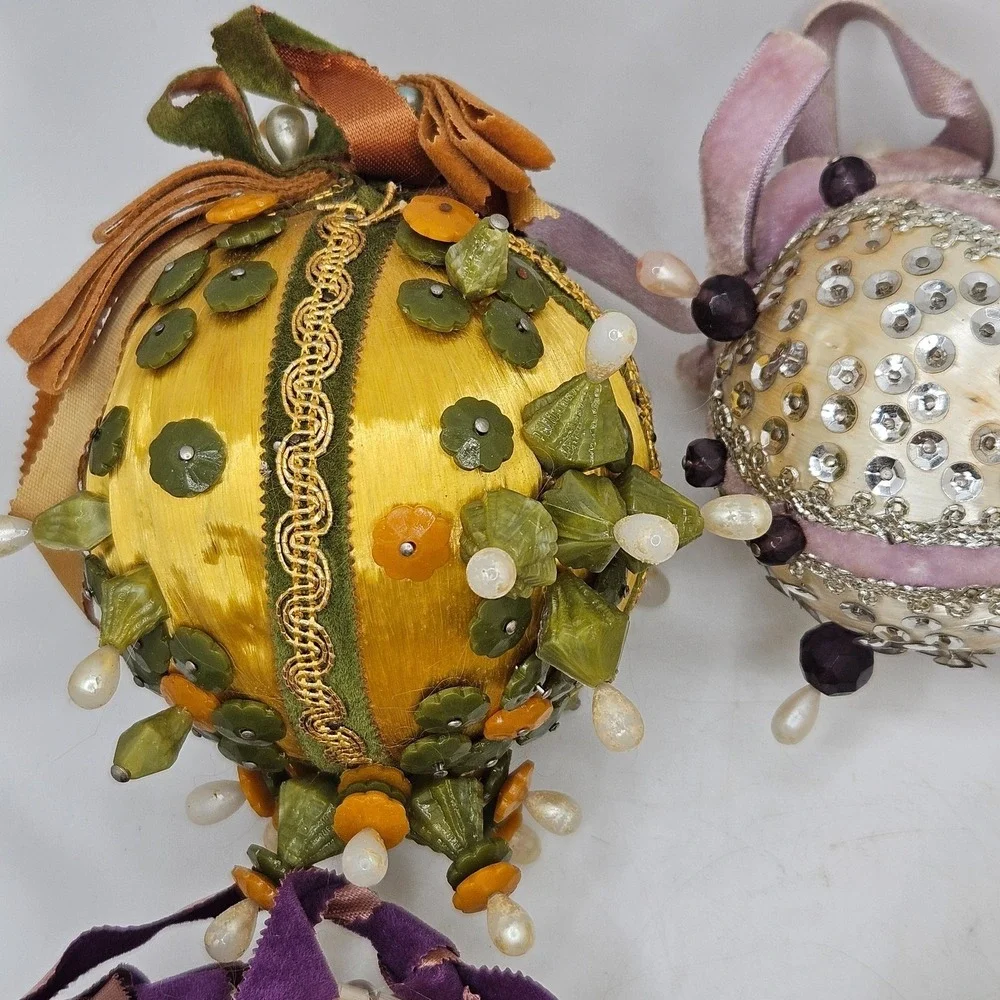 Vintage Handmade Satin Beaded Christmas Ornaments Lot of 5 Sequin Pearl Bead